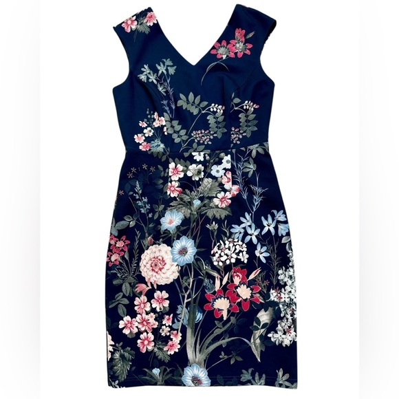 Cleo sz 2 petite dress Blue floral Sheath sleeveless V-neck Office Classic - Picture 1 of 5